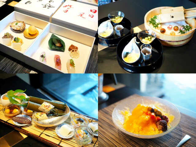 「日本料理 濱」のアフタヌーンティーは「濱茶膳」と名付けられ、この日は、おもてなし（引き立て一番だし）八寸（お重に入ったセイボリー）、季節鉢、島台（スイーツ）、かき氷（デザート）という構成でした。